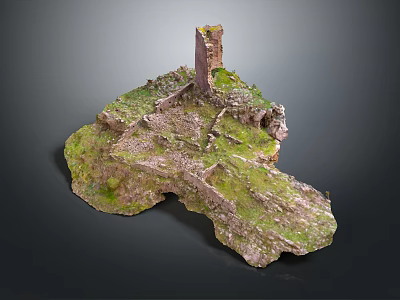 Ancient Ruins on Green Terrain with Tall Tower and Grass Covered Broken Walls 3d model