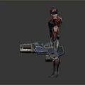 Armored Character In Red Black Silver Armor Standing With Blue Drone Companions