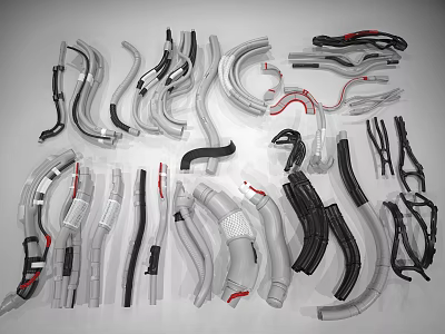 Assorted Industrial Flexible Tubes With Black Gray And Red Details In Various Shapes 3d model