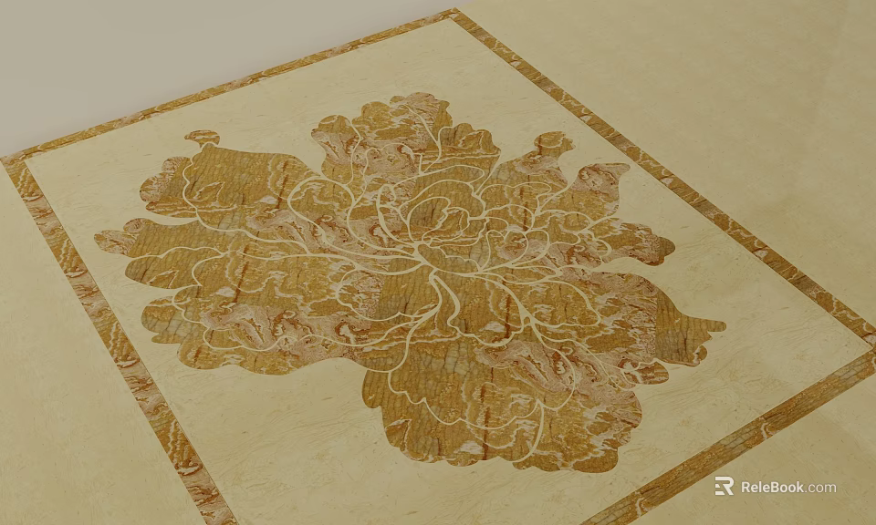 Beige Floor Tiles With Golden Flower Shaped Pattern And Decorative Border 3d model 