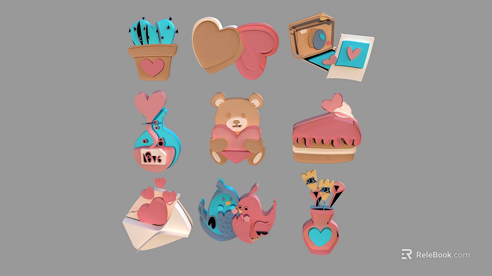 Adorable Furniture Decor With Heart Shaped Accents Bear Figurines And Cactus Ornaments 3d model 