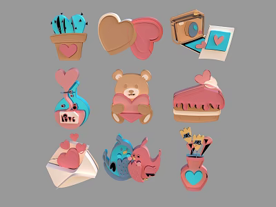 Adorable Furniture Decor With Heart Shaped Accents Bear Figurines And Cactus Ornaments 3d model