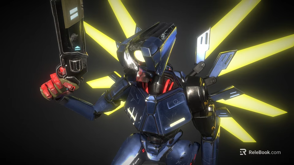 Game Movie Robot Character with Blue Armor Glowing Eyes Holding Weapon and Yellow Light Beams 3d model 
