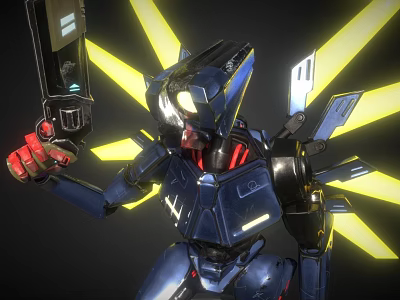 Game Movie Robot Character with Blue Armor Glowing Eyes Holding Weapon and Yellow Light Beams 3d model