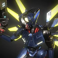 Game Movie Robot Character with Blue Armor Glowing Eyes Holding Weapon and Yellow Light Beams