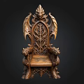 Carved Wooden Dragon Chair With Intricate Gothic Design And Decorative Details