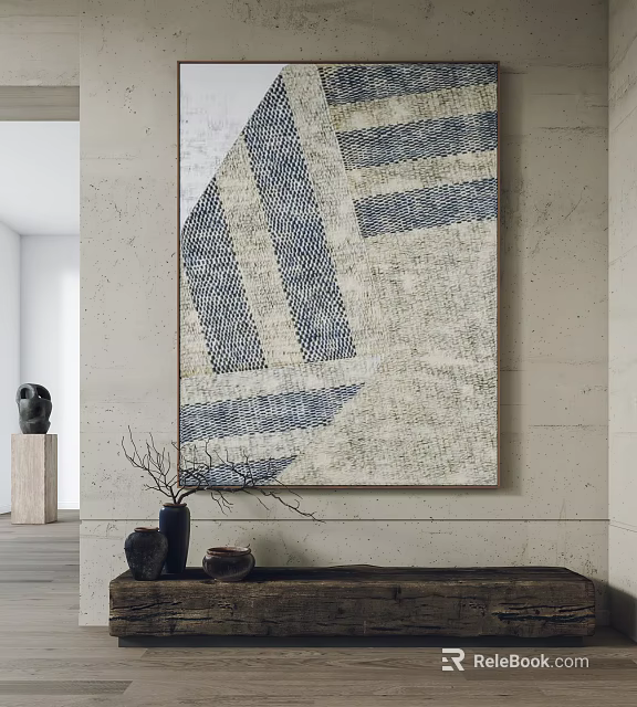 Abstract Painting With Geometric Patterns Blue Gray Beige Textured On Minimalist Wall With Decorative Objects 3d model