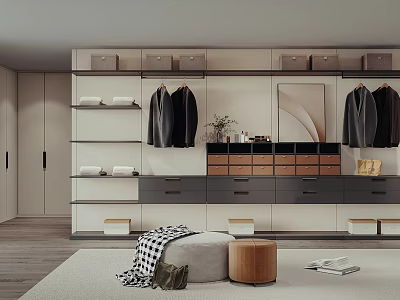 Modern Walk in Closet Interior Design With Hanging Coats Wooden Drawers And Storage Cabinets 3d model