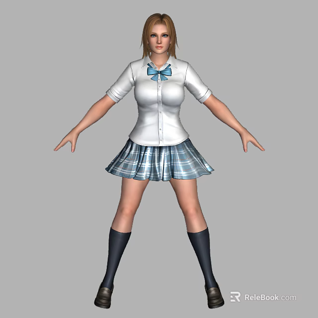 Woman In White Shirt With Blue Bow And Plaid Skirt Wearing Black Knee High Socks 3d model 