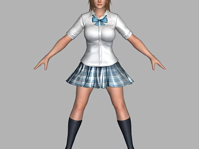 Woman In White Shirt With Blue Bow And Plaid Skirt Wearing Black Knee High Socks 3d model