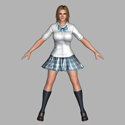 Woman In White Shirt With Blue Bow And Plaid Skirt Wearing Black Knee High Socks 3d model
