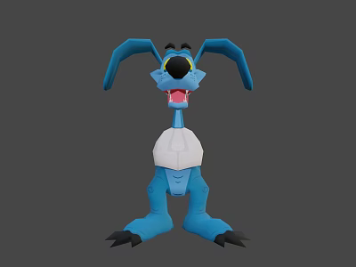 Blue Cartoon Style Game Movie Character With Long Ears Black Nose And Open Mouth 3d model