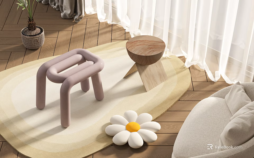 Chic Stools In Bright Living Room With Rug And Flower 3d model 