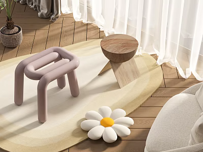 Chic Stools In Bright Living Room With Rug And Flower 3d model
