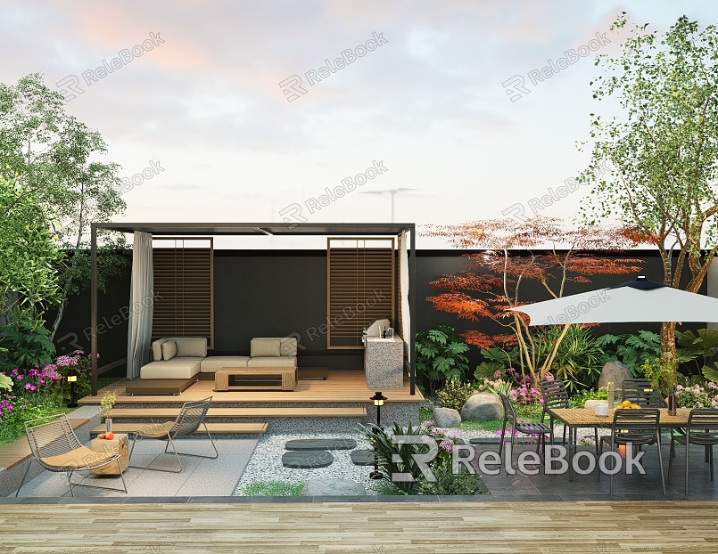 Modern minimalist courtyard garden flowers and plants outdoor tables and chairs model