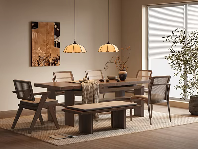 Wooden Dining Table Set With Chairs Bench Pendant Lights And Window Plant Decor 3d model