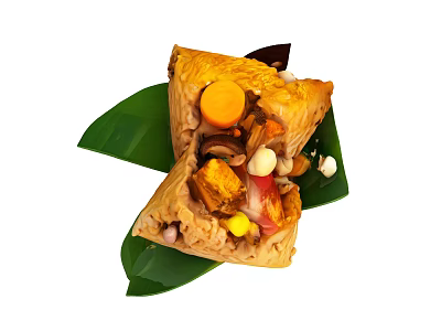 Traditional Chinese Zongzi Stuffed With Glutinous Rice Chestnuts And Salted Egg Yolk On Green Leaves 3d model