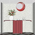 Console Table With White Vase Flowers Teacup Teapot Red Circular Decor On Patterned Wall 3d model