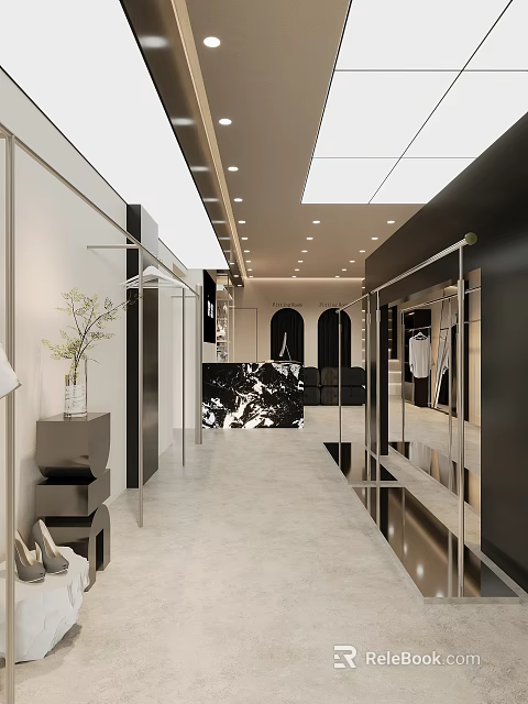 Elegant Modern Clothing Store Interior Design With Marble Floor And Neat Clothing Display Racks 3d model 
