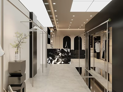 Elegant Modern Clothing Store Interior Design With Marble Floor And Neat Clothing Display Racks 3d model