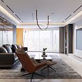 Modern Living And Dining Area Interior With Dining Table Chairs Large Windows Recessed Lighting And Cabinets