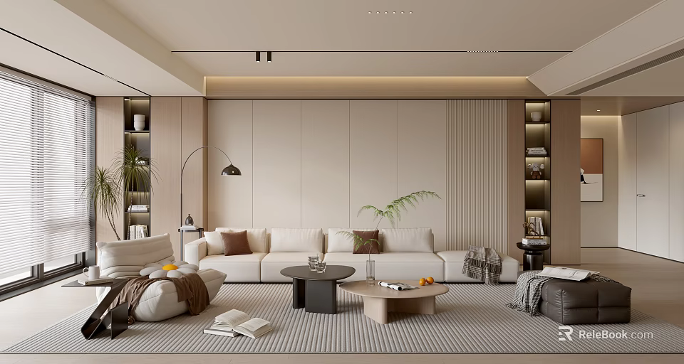 Modern Living Room Interior Design With Beige Sofa Coffee Tables Green Plants And Striped Rug 3d model 