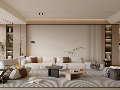 Modern Living Room Interior Design With Beige Sofa Coffee Tables Green Plants And Striped Rug 3d model