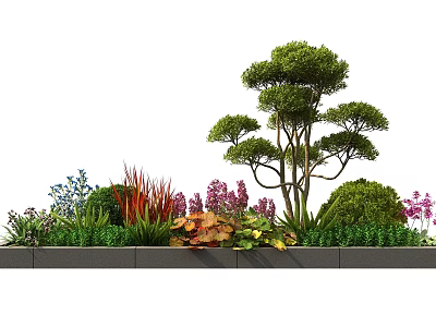 Colorful Flower Planting Strip With Ornamental Tree Green Shrubs And Mixed Color Blooms 3d model