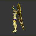 Golden Armored Winged Figure With Yellow Wings And Posed Stance On Reflective Base