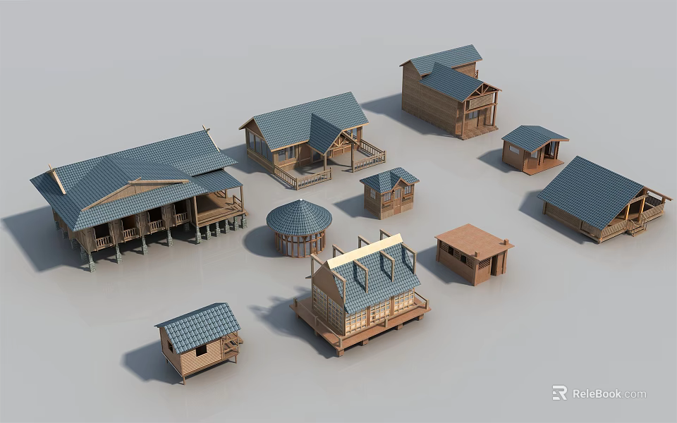 Various Styles Wooden Houses Featuring Blue Gray Roofs Different Sizes and Balcony Designs 3d model 