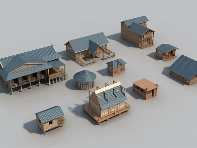 Various Styles Wooden Houses Featuring Blue Gray Roofs Different Sizes and Balcony Designs 3d model