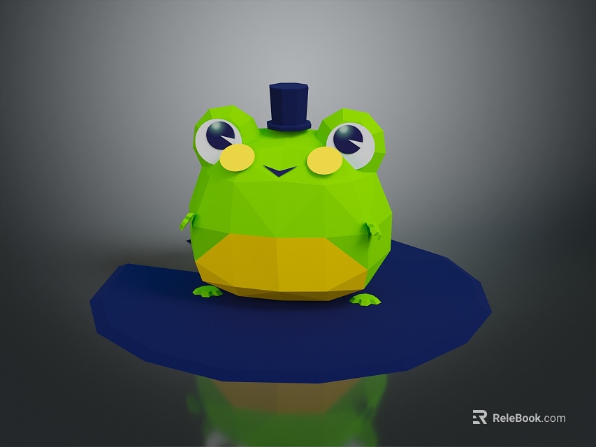 Green Low Poly Reptile Character With Black Top Hat Big Eyes And Blue Base 3d model 