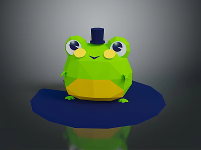 Green Low Poly Reptile Character With Black Top Hat Big Eyes And Blue Base 3d model