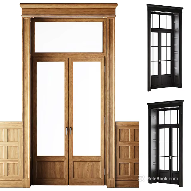 Wooden Double Doors With Glass Panels And Black Window Style Frames 3d model 