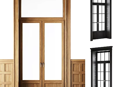 Wooden Double Doors With Glass Panels And Black Window Style Frames 3d model
