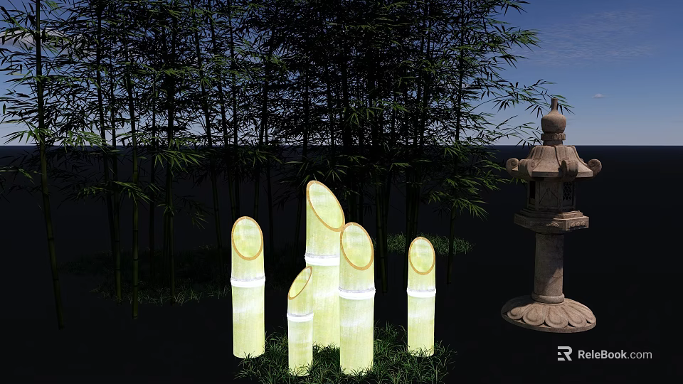 Decorative Glowing Bamboo Garden Ornaments With Stone Lantern In Bamboo Grove 3d model 