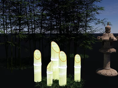 Decorative Glowing Bamboo Garden Ornaments With Stone Lantern In Bamboo Grove 3d model