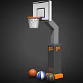 Basketball Hoop With White Backboard Orange Rim Gray Pole Go Lettering And Three Colored Basketballs