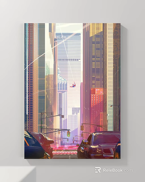 Vibrant Cityscape Painting with Tall Buildings City Street Vehicles and Flying Object 3d model 