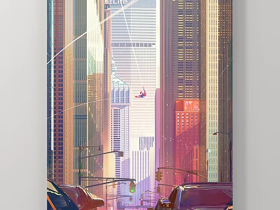 Vibrant Cityscape Painting with Tall Buildings City Street Vehicles and Flying Object 3d model