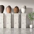Varied Textured Ceramic Vessels Placed on Gray Concrete Pedestals with Small Green Tree