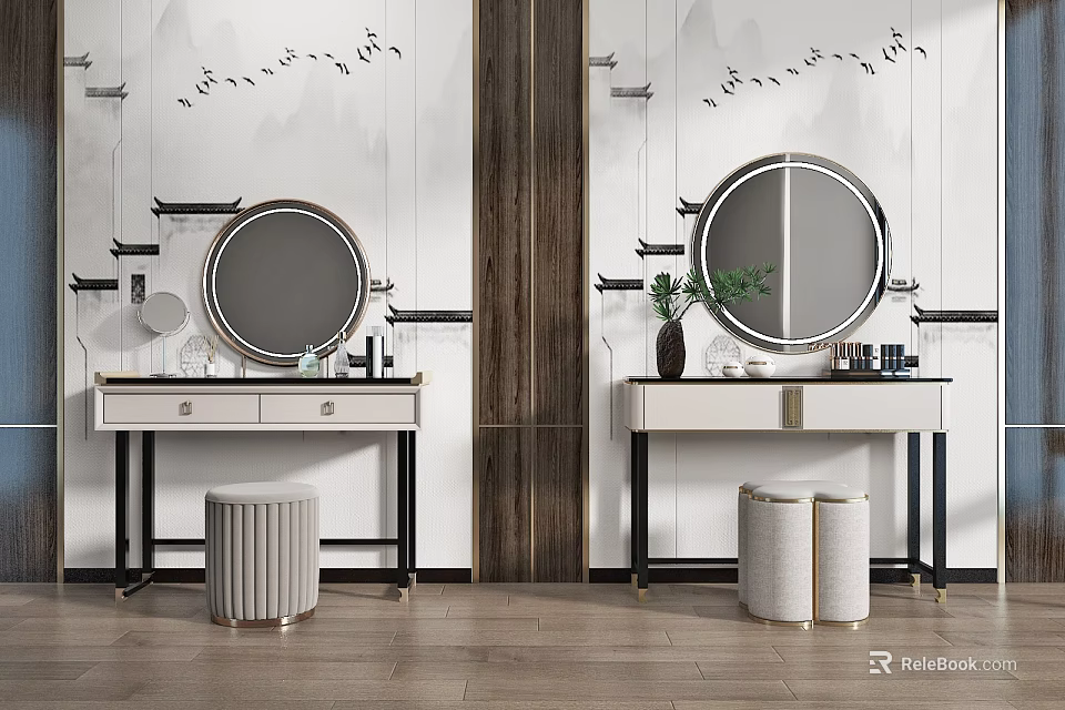 Modern Dressing Table Design With Round Mirrors Stools And Decorative Items 3d model