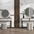 Modern Dressing Table Design With Round Mirrors Stools And Decorative Items 3d model