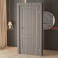 Modern Gray Wooden Grain Casement Door In Interior With Dark Wall And Decorative Art