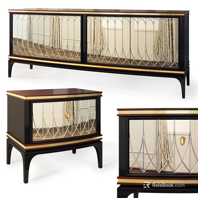 Elegant Modern Entryway Console Table And Side Cabinet With Glass Doors And Gold Trim 3d model 