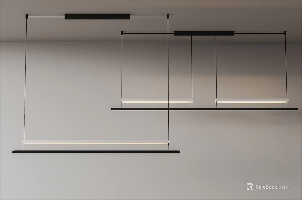 Modern Black Long Strip Pendant Lights With Sleek Minimalist Interior Design 3d model 