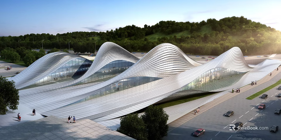 Modern Building With Wavy Roof Design And Glass Facade Surrounded By Trees 3d model 