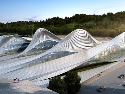 Modern Building With Wavy Roof Design And Glass Facade Surrounded By Trees 3d model