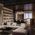 Elegant Hotel Mahjong Room with Round Table Comfortable Chairs Crystal Chandelier Decorative Shelves Cozy Sofa