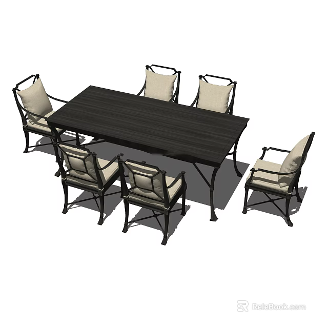 Black Rectangular Dining Table Set With Six Chairs And Light Cushions 3d model